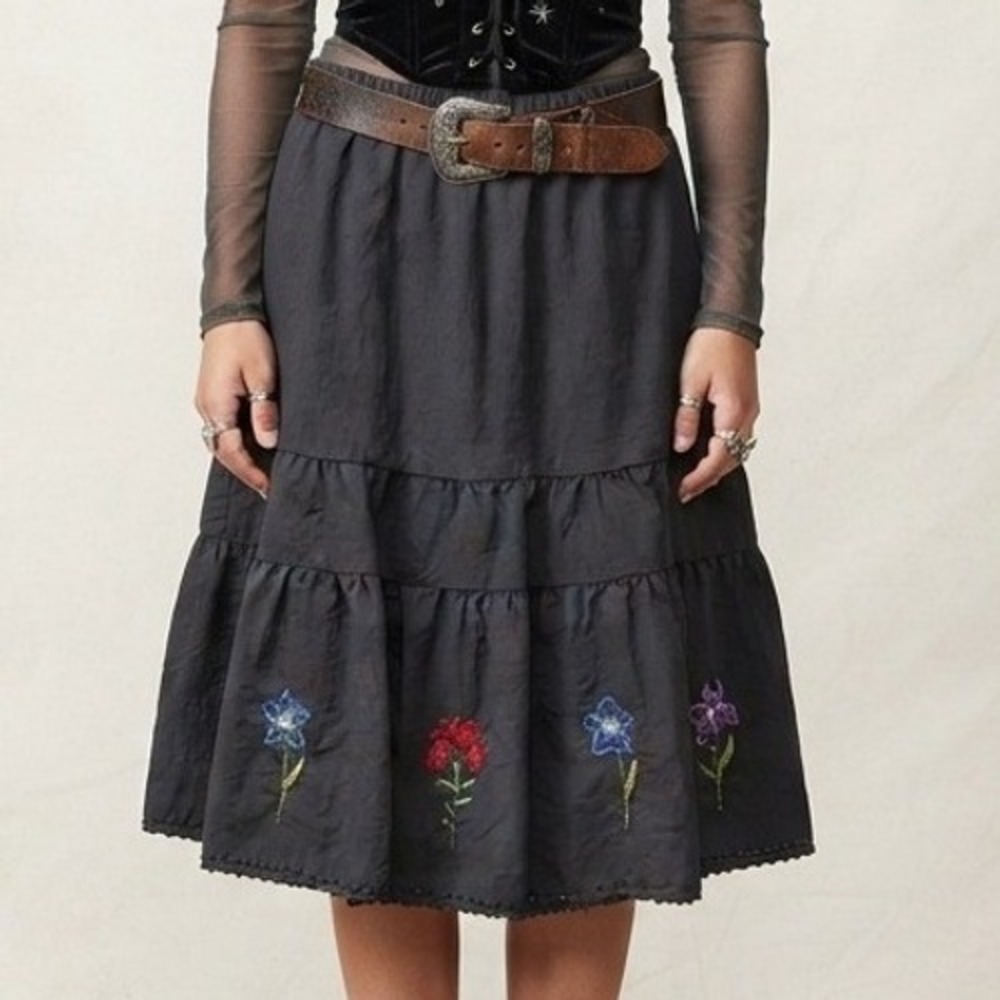 tiered peasant Skirt Midi Embroidered Floral beaded cottagecore whimsigoth fairy